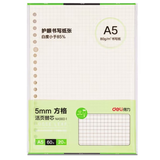 得力NA560-1活页笔记本替芯 20孔方格款A5/60张
